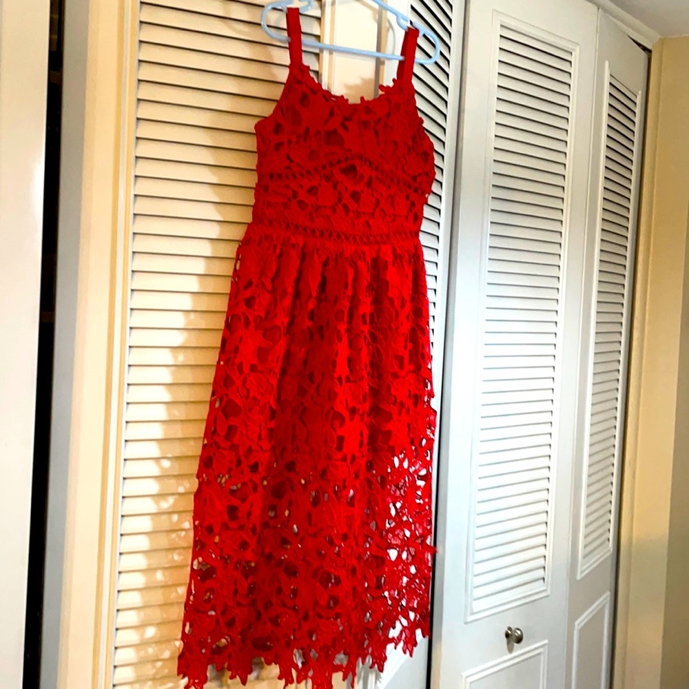 Like New Trixxi Girl Red lace and lined dress, zipper and straps in girls 7.